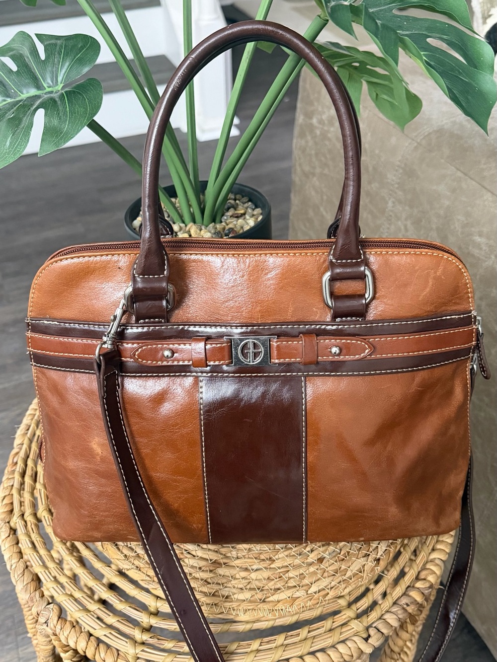 Giani Bernini Genuine Leather Two Tone Brown Satchel Shoulder Handbag